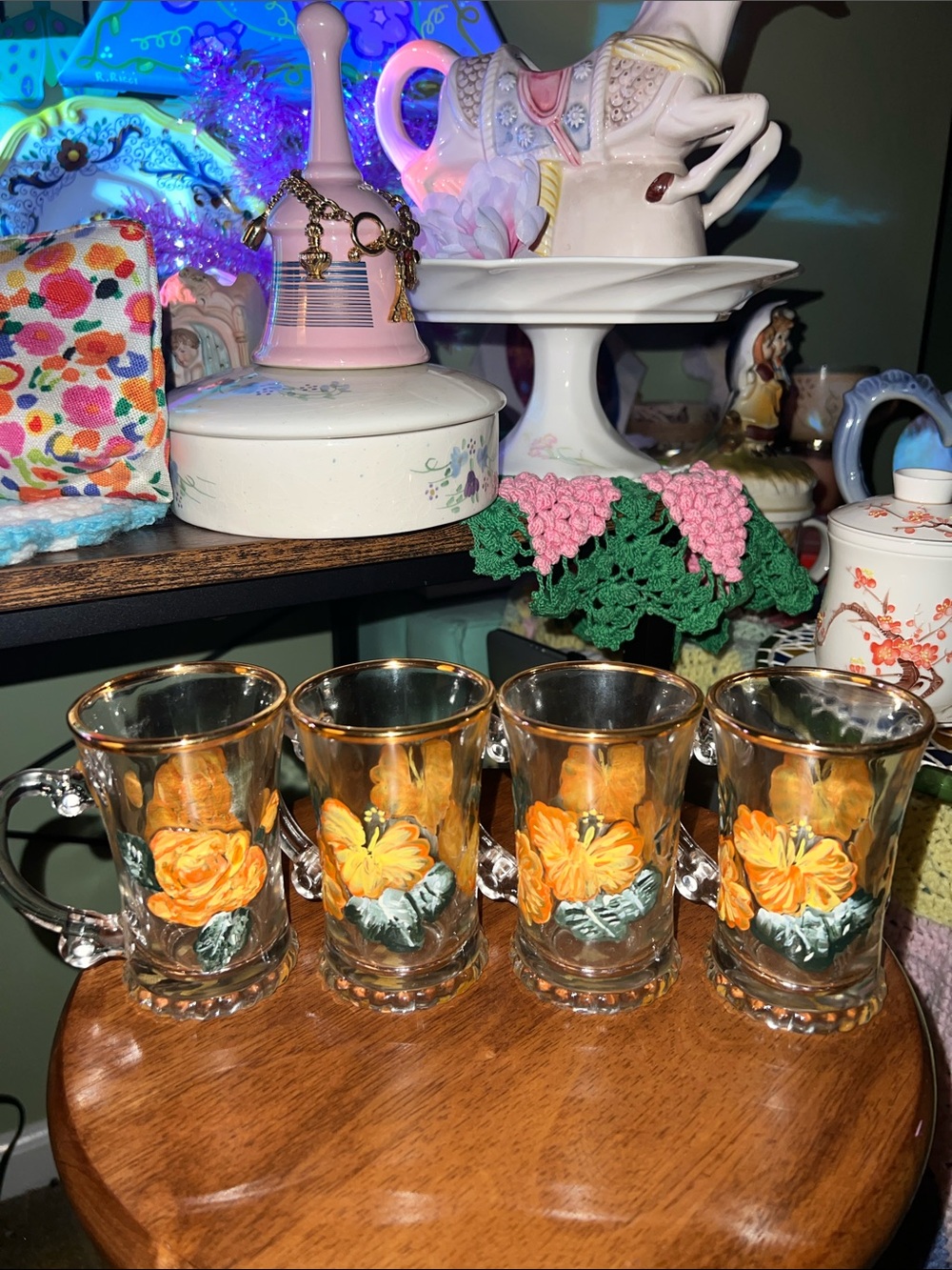 Hand-Painted Floral Glass Mugs with Gold Rim - Set of 4 - Picture 5 of 6